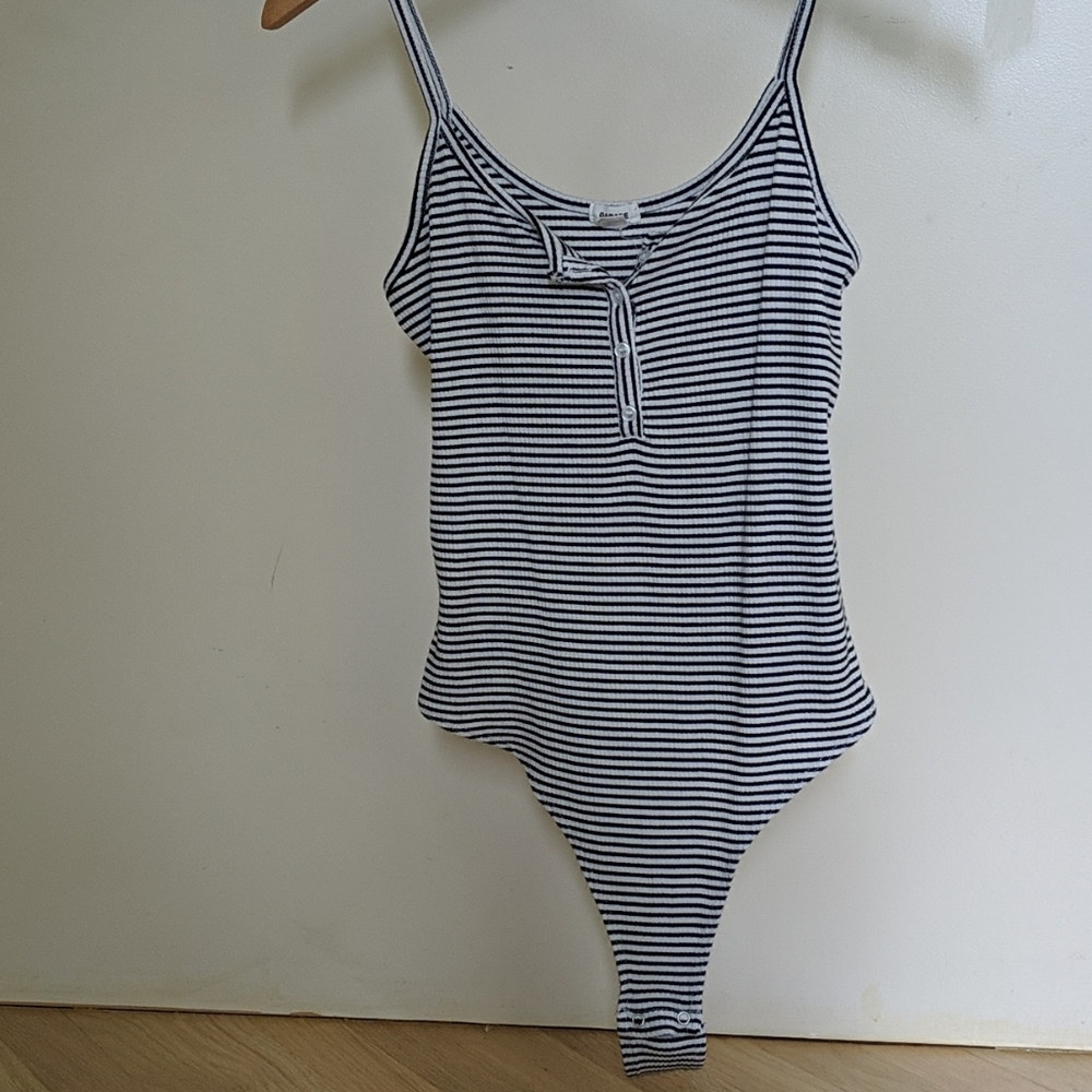 Garage ribbed striped Henley style thong bodysuit